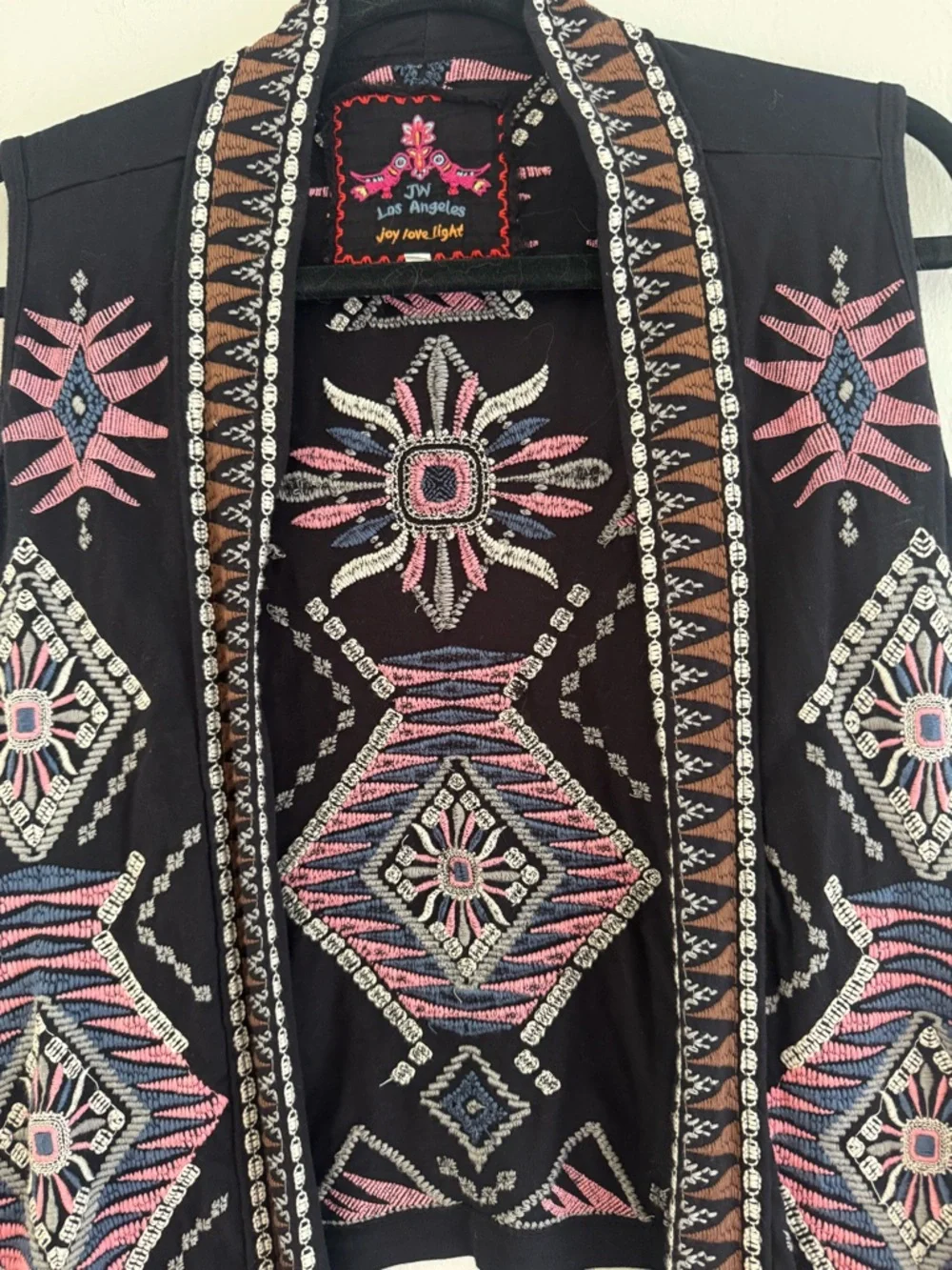Johnny Was Vest Medium Geometric Gray Black Embroidered Joy Love Light